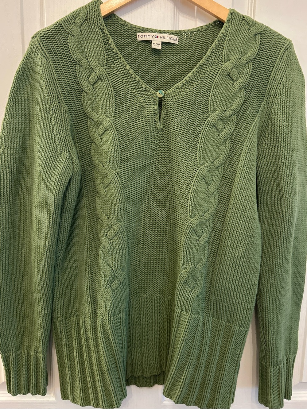 Tommy Hilfiger Y2K Cable Knit Sweater Sage Green XL Cotton Blend EUC